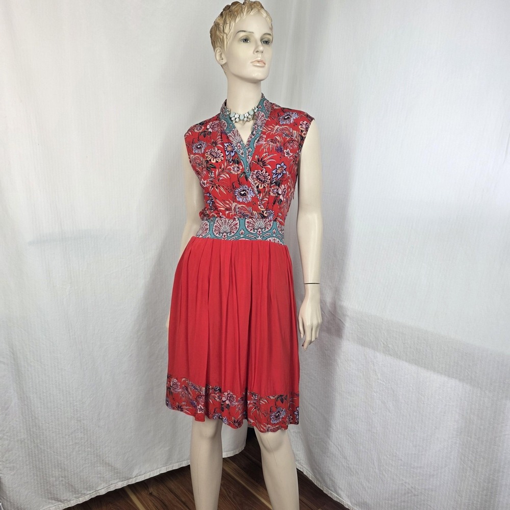 Benares Dress Womens Small Red Floral Fit Flareā Knee Length Boho Artsy Chic